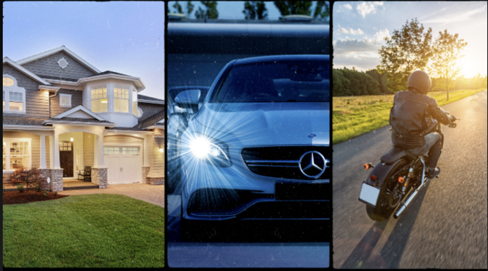 Picture of a home, car and motorcycle covered by insurance.